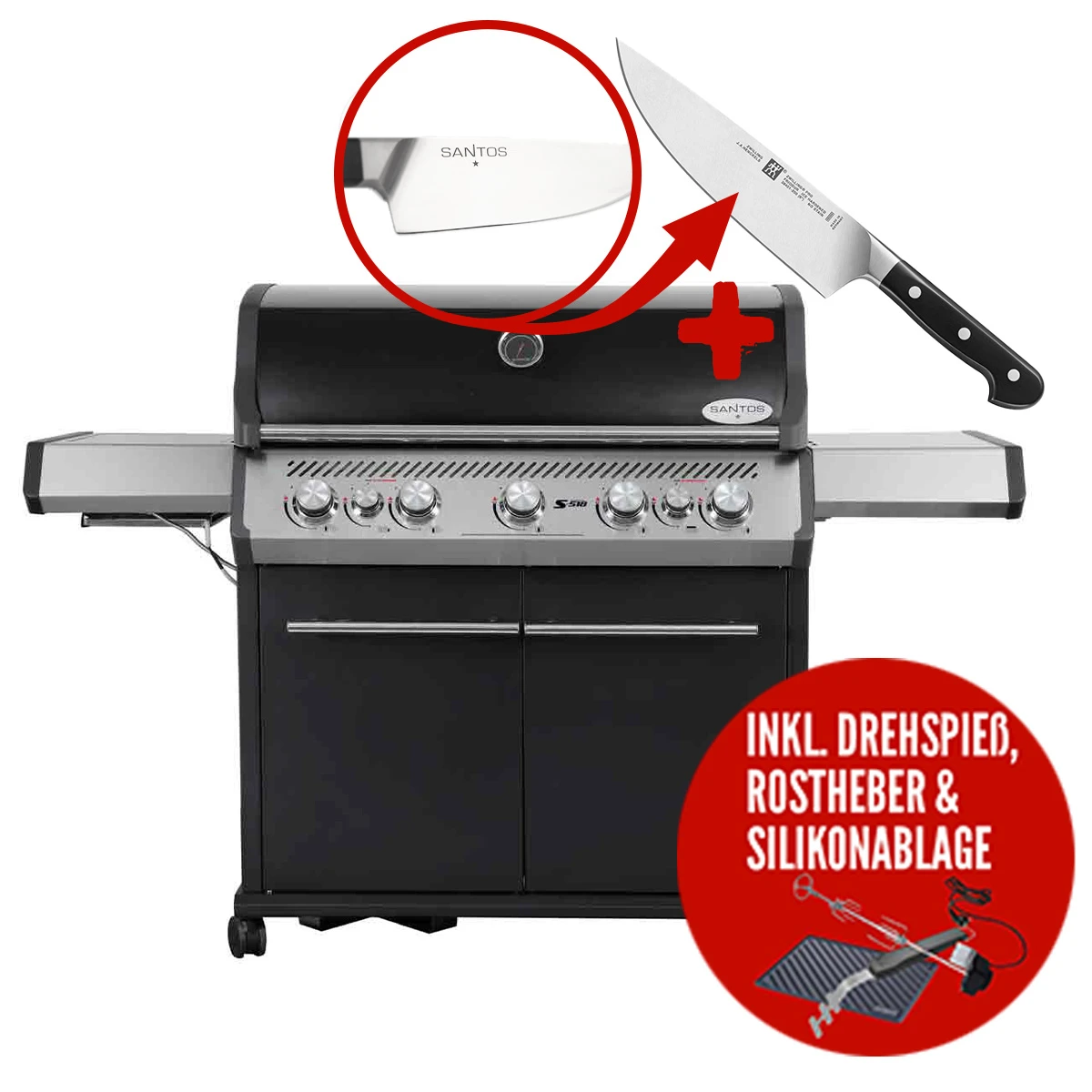 SANTOS S-518 Mit Seiten- Und Heckbrenner, Schwarz, Inkl. Drehspieß, Rostheber & Silikonablage & Graviertes ZWILLING Pro Messer 7 SANTOS S-518 Mit Seiten- Und Heckbrenner, Schwarz, Inkl. Drehspieß, Rostheber & Silikonablage & Graviertes ZWILLING Pro Messer – Bild 7